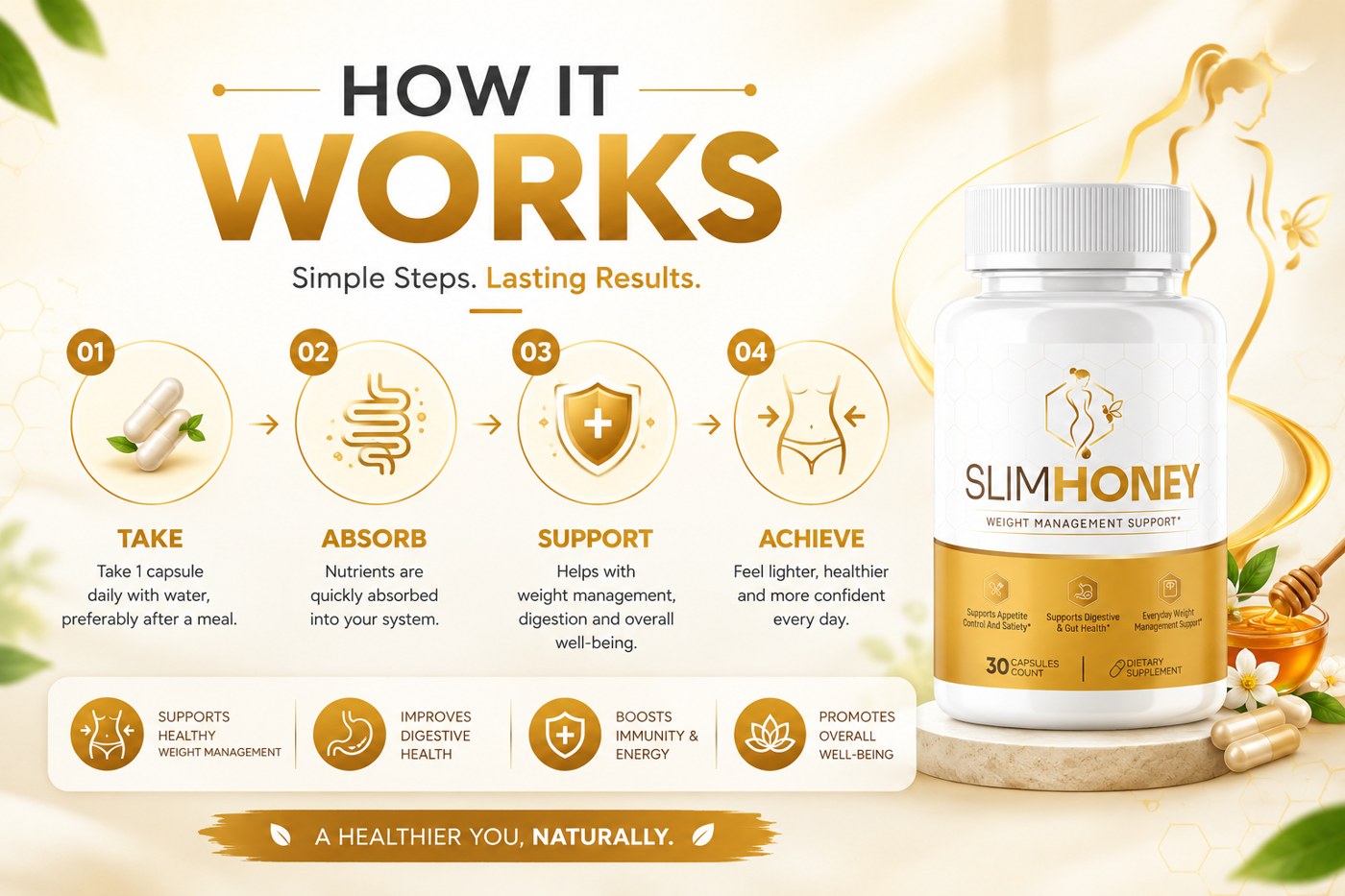 SlimHoney four-step how it works: take, absorb, support, achieve